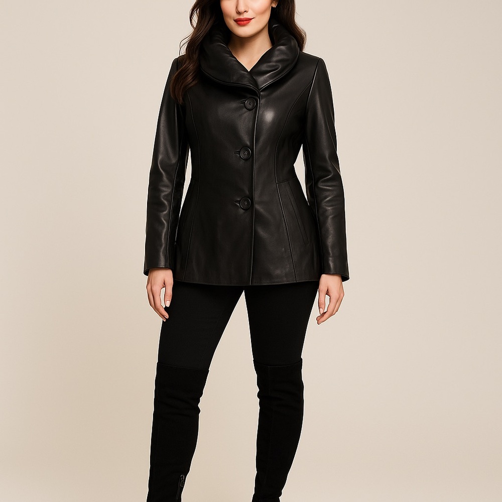 Stunning Danier black genuine leather fitted jacket button front X-Small Italian